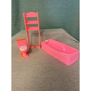 Vintage Barbie 1992 Pink Dollhouse Bathroom Set: Bathtub, Toilet, and Shelf